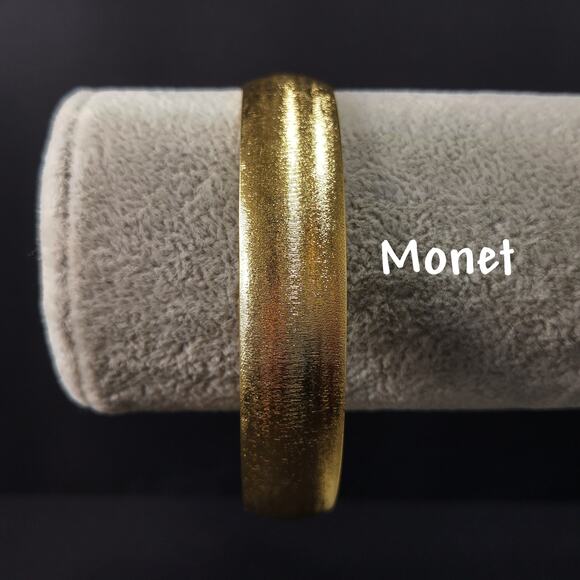 Vintage Monet Bangle Bracelet, Size L, Brushed Gold Plate, 1960s - Picture 1 of 10